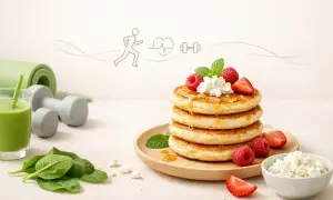 Placki z serka wiejskiego, syropem i owocami, obok zielonego smoothie, maty do ćwiczeń i hantli. Zdrowy start dnia!