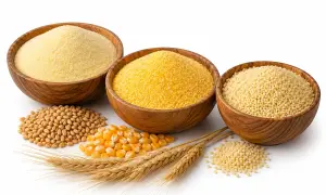 Trzy drewniane misy z semoliną, kaszą kukurydzianą i kuskusem. Obok pszenica, kukurydza i kłosy. Semolina co to?