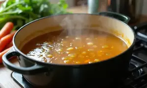Gotujący się rosół w garnku, obok marchewki i zieleniny. Idealny czas, jak długo gotować rosół, by był pyszny.