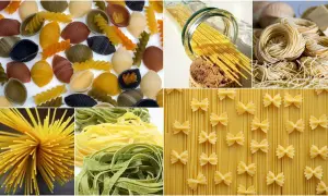 Kolaż prezentujący różnorodne rodzaje makaronów włoskich: kolorowe fusilli, muszelki, spaghetti, tagliatelle, farfalle i nesty.