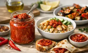 Słoik pełen pikantnej harissy, która dodaje smaku daniom z kurczakiem, ciecierzycą i warzywami. Harissa co to? To aromatyczna pasta z papryk i przypraw.