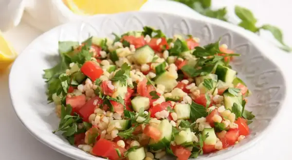 Orzeźwiająca sałatka z kaszą bulgur, pomidorami, ogórkiem i natką pietruszki, podana z cytryną.