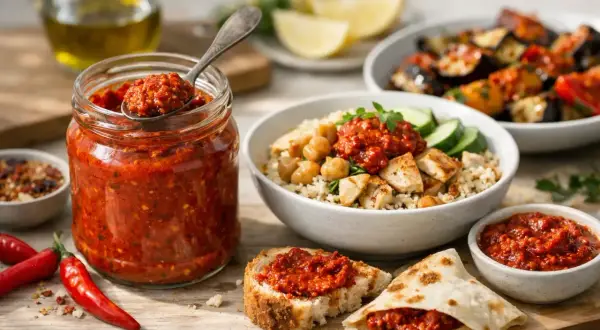 Słoik pełen pikantnej harissy, która dodaje smaku daniom z kurczakiem, ciecierzycą i warzywami. Harissa co to? To aromatyczna pasta z papryk i przypraw.