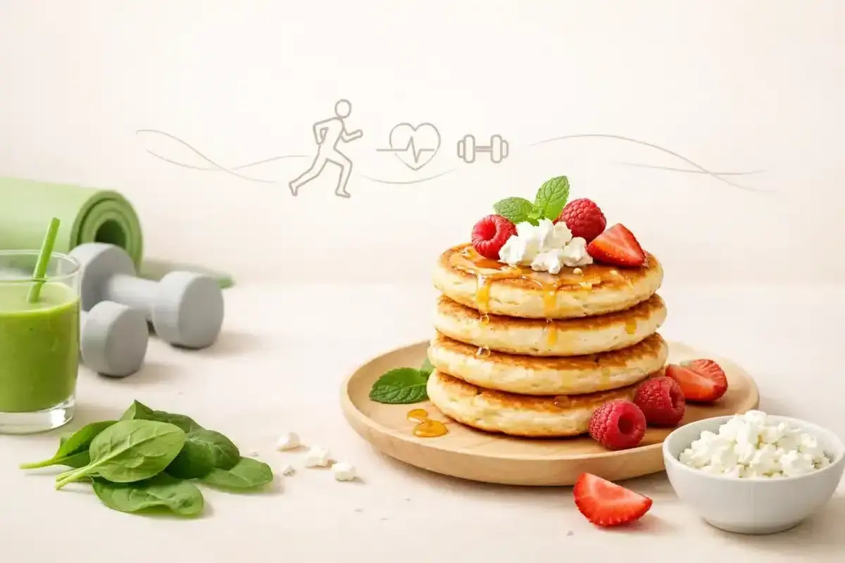 Placki z serka wiejskiego, syropem i owocami, obok zielonego smoothie, maty do ćwiczeń i hantli. Zdrowy start dnia!