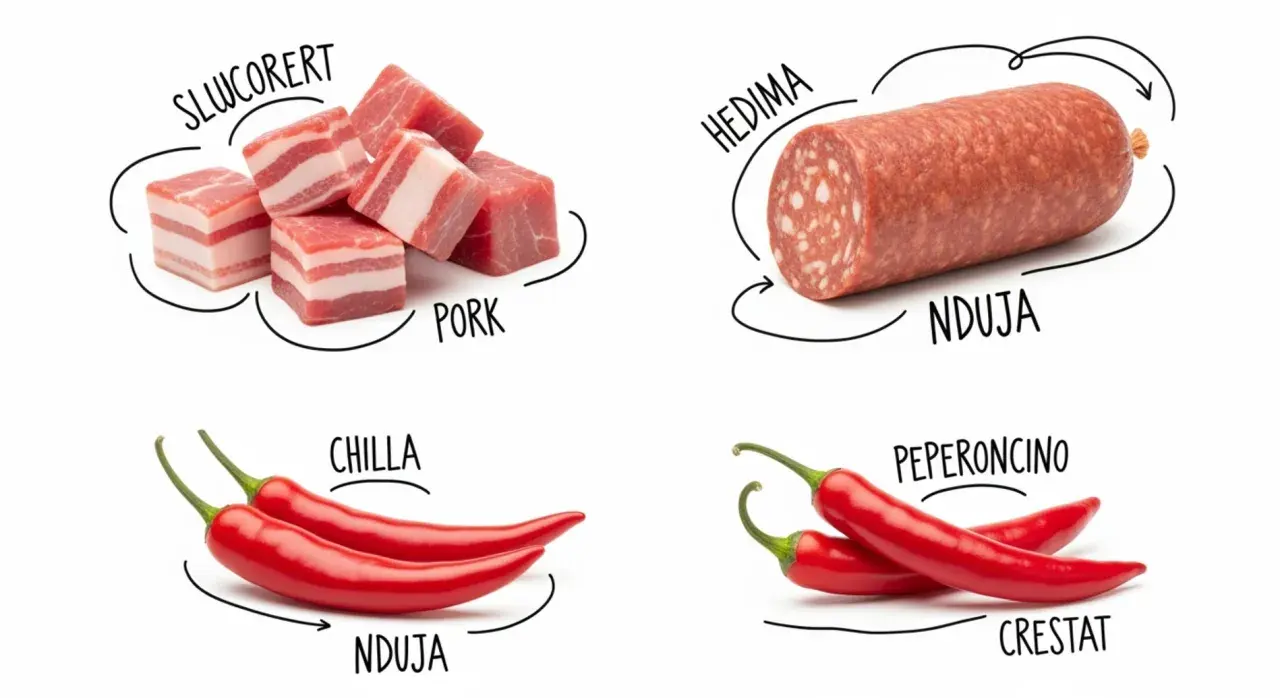 Składniki nduja: wieprzowina, papryczki chili, peperoncino. Wygląda na to, że to pikantna, włoska kiełbasa.