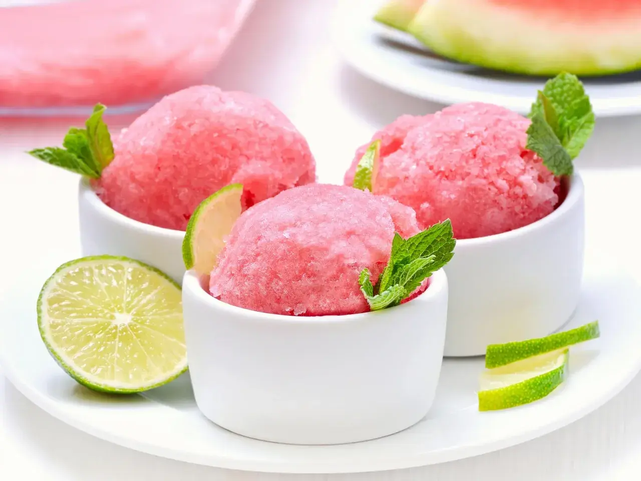 Orzeźwiający sorbet z arbuza w białych miseczkach, udekorowany listkami mięty i plasterkami limonki. Idealny na upalne dni.