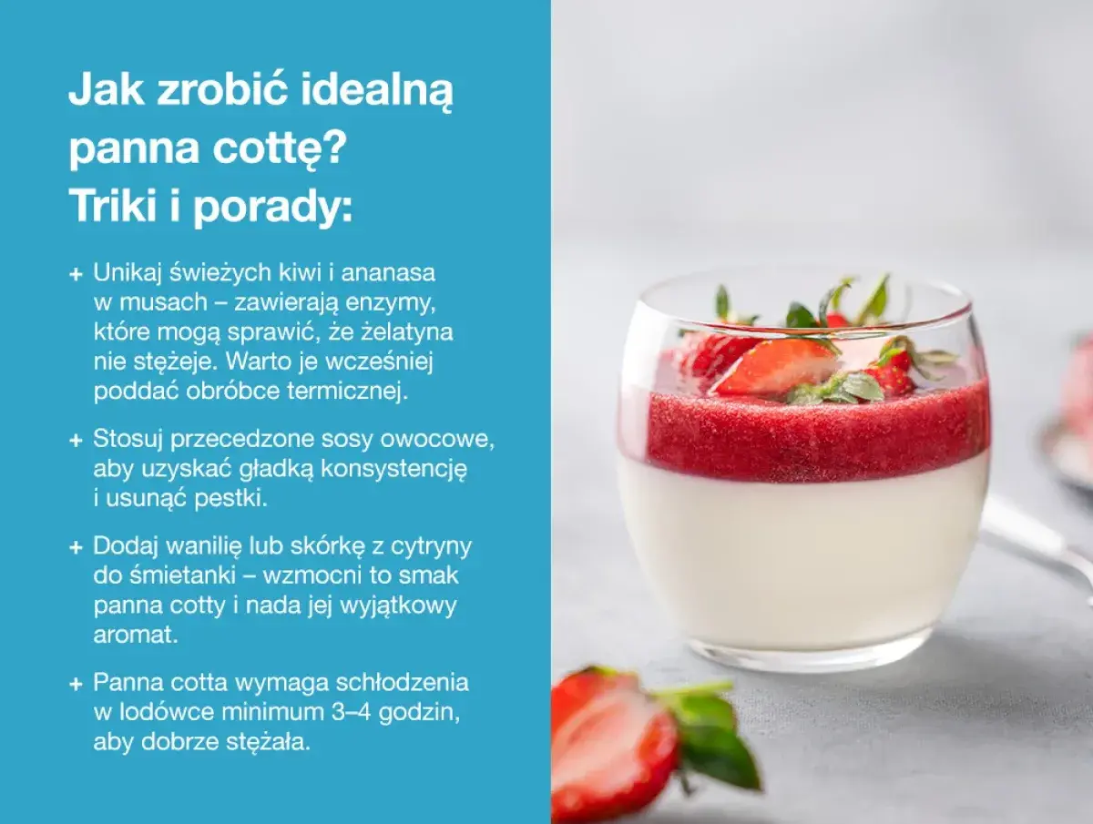 Idealna panna cotta z musem truskawkowym. Przepis na ten deser zawiera wskazówki, jak uzyskać idealną konsystencję.