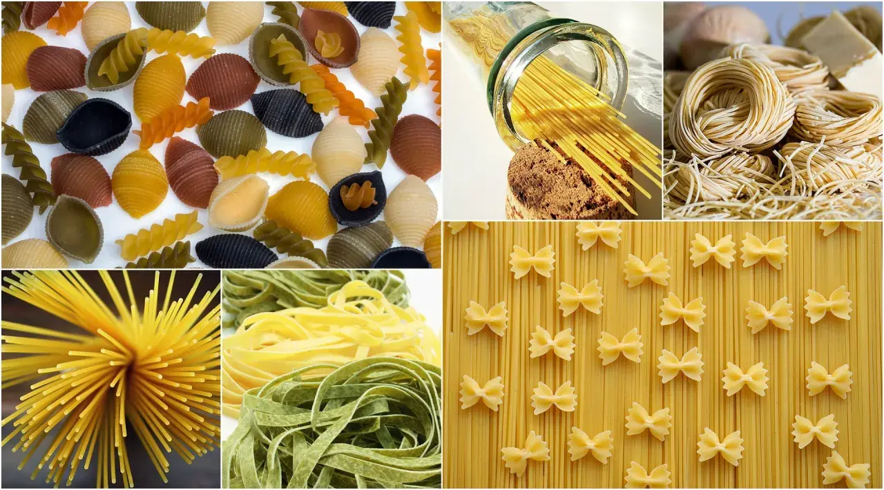 Kolaż prezentujący różnorodne rodzaje makaronów włoskich: kolorowe fusilli, muszelki, spaghetti, tagliatelle, farfalle i nesty.