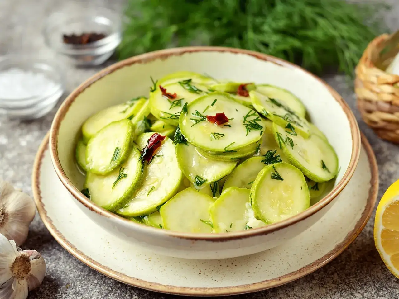 Pyszna sur&oacute;wka z cukinii z koperkiem i chili, podana w miseczce. Obok czosnek i cytryna.