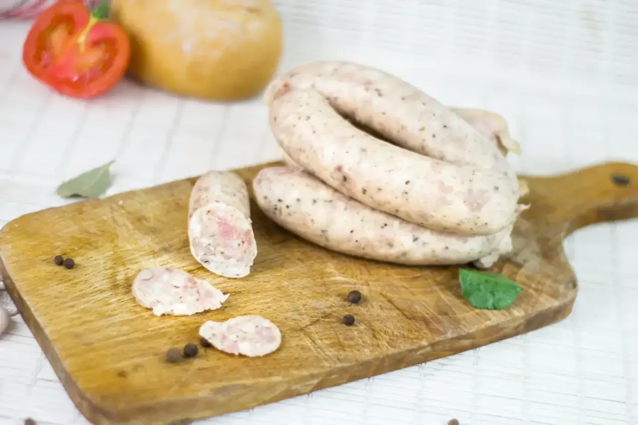 Biała kiełbasa na desce, przyprawy i pomidor. Idealne składniki, by pokazać, jak zrobić kiełbasę.