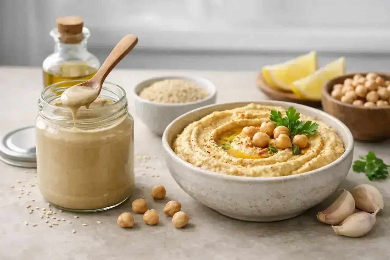 Pyszny hummus z ciecierzycy i tahini, z oliwą, cytryną i czosnkiem. Tahini co to? Pasta sezamowa, klucz do smaku!
