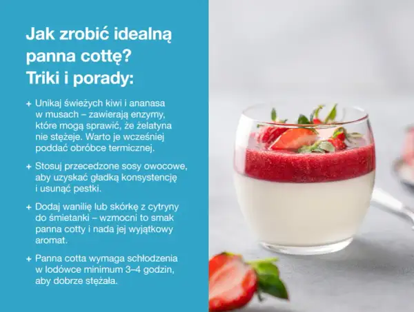 Idealna panna cotta z musem truskawkowym. Przepis na ten deser zawiera wskazówki, jak uzyskać idealną konsystencję.