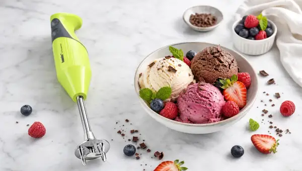 Zielony blender Bamix obok miski z lodami waniliowymi, czekoladowymi i malinowymi, ozdobionymi owocami. Idealny do domowego sposobu, jak zrobić lody.